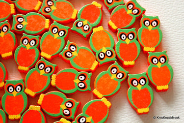 Orange And Green Owl Wood Beads x 10